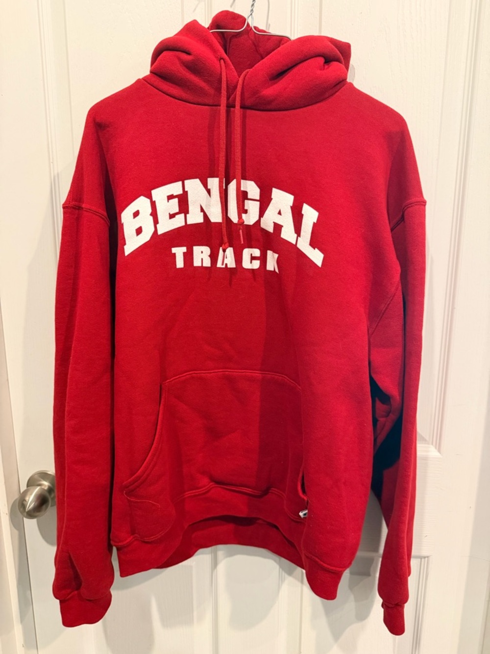 Russell Athletic Red Crewneck Hoodie with 'Bengal Track' Chest Print